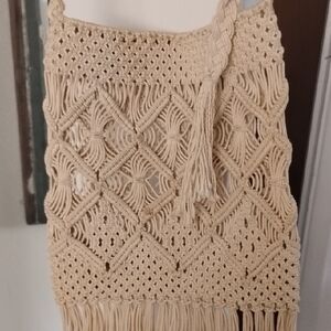 Boho Crochet Fringe Crossbody Bag in Cream